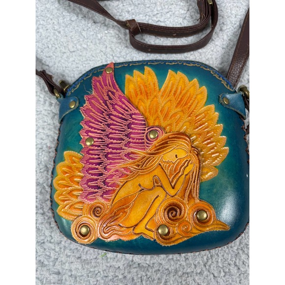 Purse Change Crossbody Angel Embossed Leather Hand made Zip Pouch Wallet - Picture 4 of 7